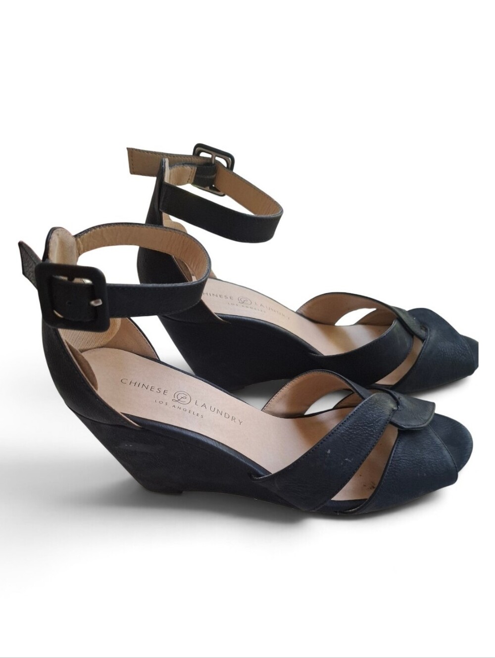 Chinese Laundry Calais Black Faux Leather Wedge Sandals Size 11